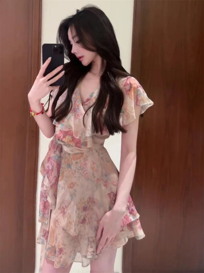 2025 Vestidos De Mujer Summer Vintage Dress Women Clothing V Neck Printing Temperament Robe Femme Ruffled Bandage Mini Dresses