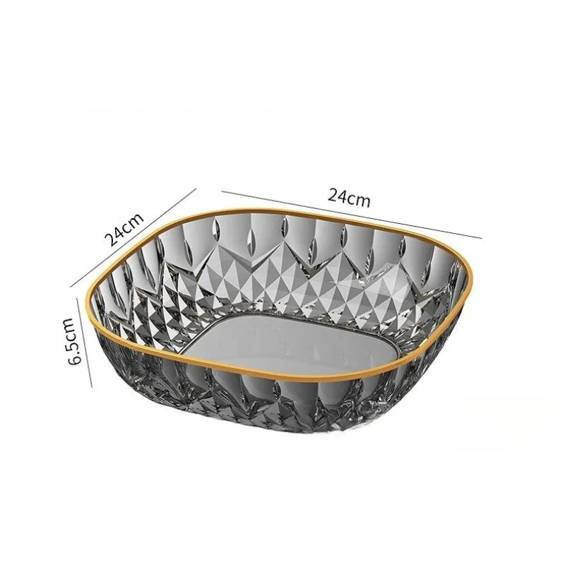 New Household Fruit Bowl Salad Dessert Biscuit Plate Plastic Square Transparent Tray Golden Edge Snack Plates Tableware LIJIAO