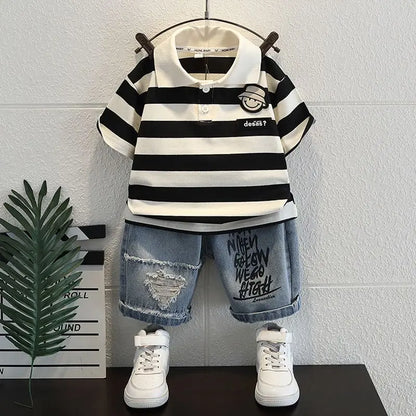 Boys 2025 Summer Outfit T-Shirt and Jeans Korean Polo Fashion 2PCS Casual Clothing Korean Reviews Top Toddler Kids Clothes Sets (Available )