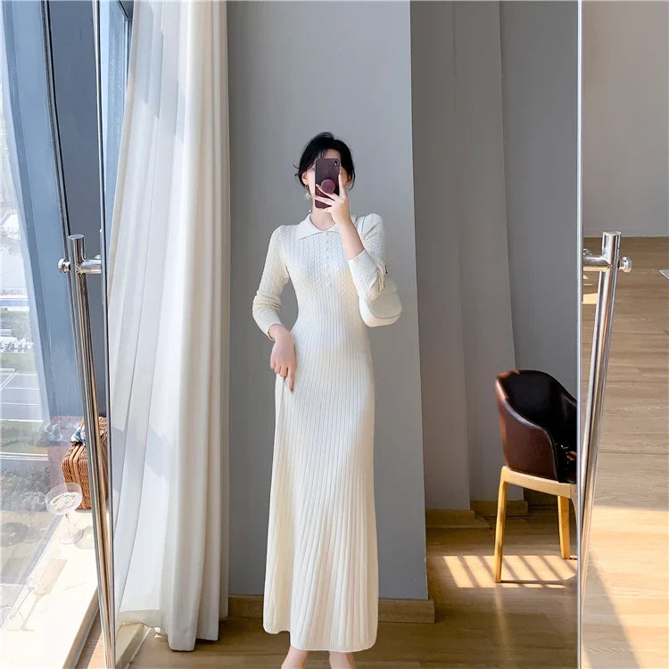 Sweater Dress Women New  Autumn Winter Purple White Or Black High Waist A Line Dress Elegant Long Knitted Dress (Available)
