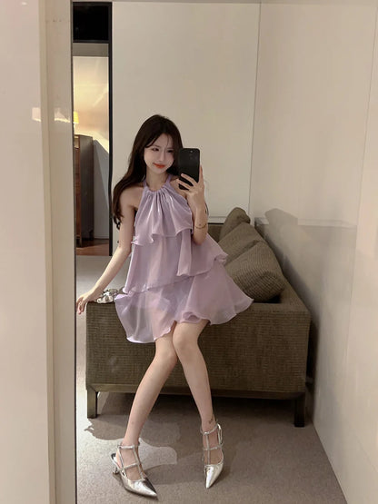 Woman Dress Elegant Sweet Sleeveless Ruffles Mesh Loose Summer New Cake Mini Dresses Solid Sexy Female Casual Fairy 2026