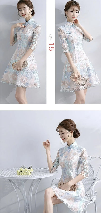 Spring Autumn Female Cheongsam Style Long Dresses Women Half Sleeve Lmproved Maxi Dress 2025 Ladies Fashion Solid Color Vestidos