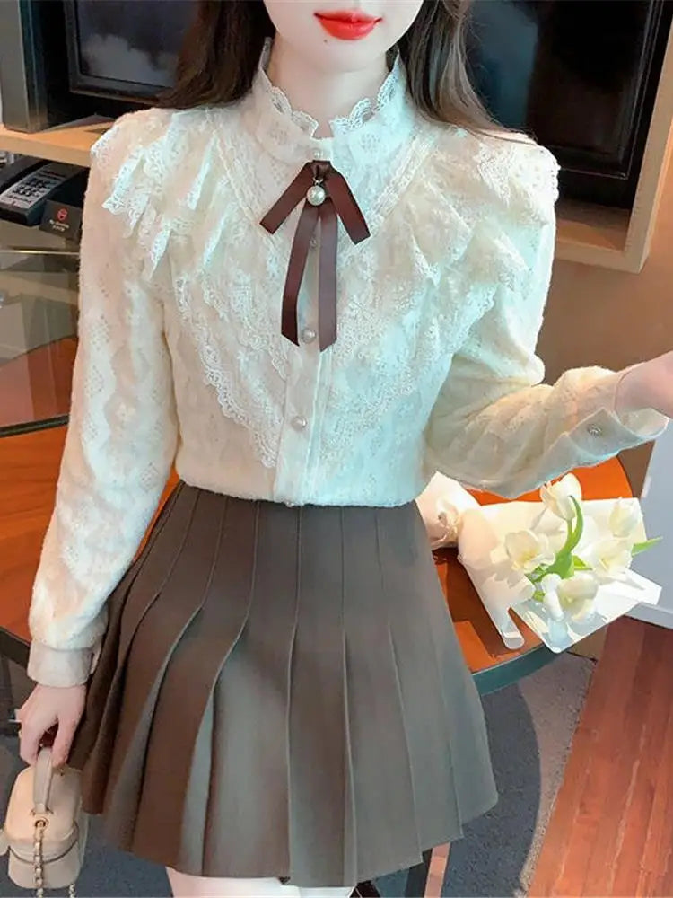 Women's Fce Lined Lace Blouse Thiened Autumn Winter Faion Inner Wear  Knot irt Stand Collar Regular Fit