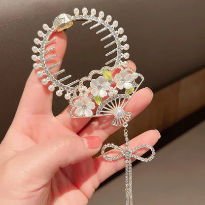 Ladies Butterfly Rhinestone Pearl Metal Hair Claw Round Bun Ponytail Holder