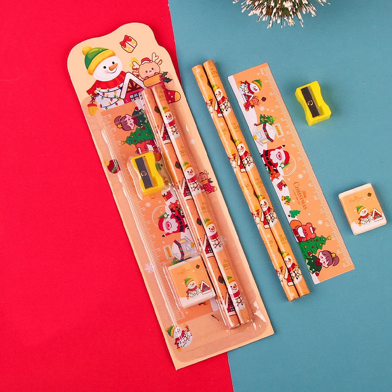 5pcs/Set Christmas Kids Stationery Set Children Pencil Ruler Eraser Sharpener Set School Supplies Gifts Kindergarten Prizes