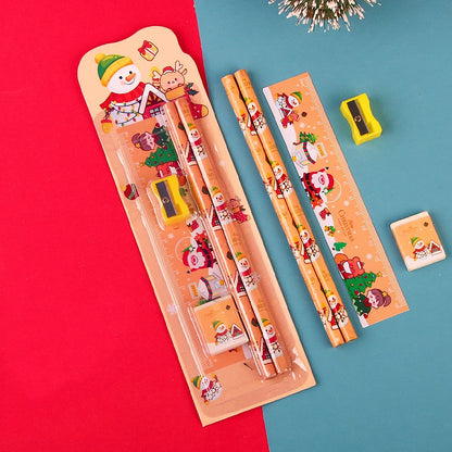 5pcs/Set Christmas Kids Stationery Set Children Pencil Ruler Eraser Sharpener Set School Supplies Gifts Kindergarten Prizes