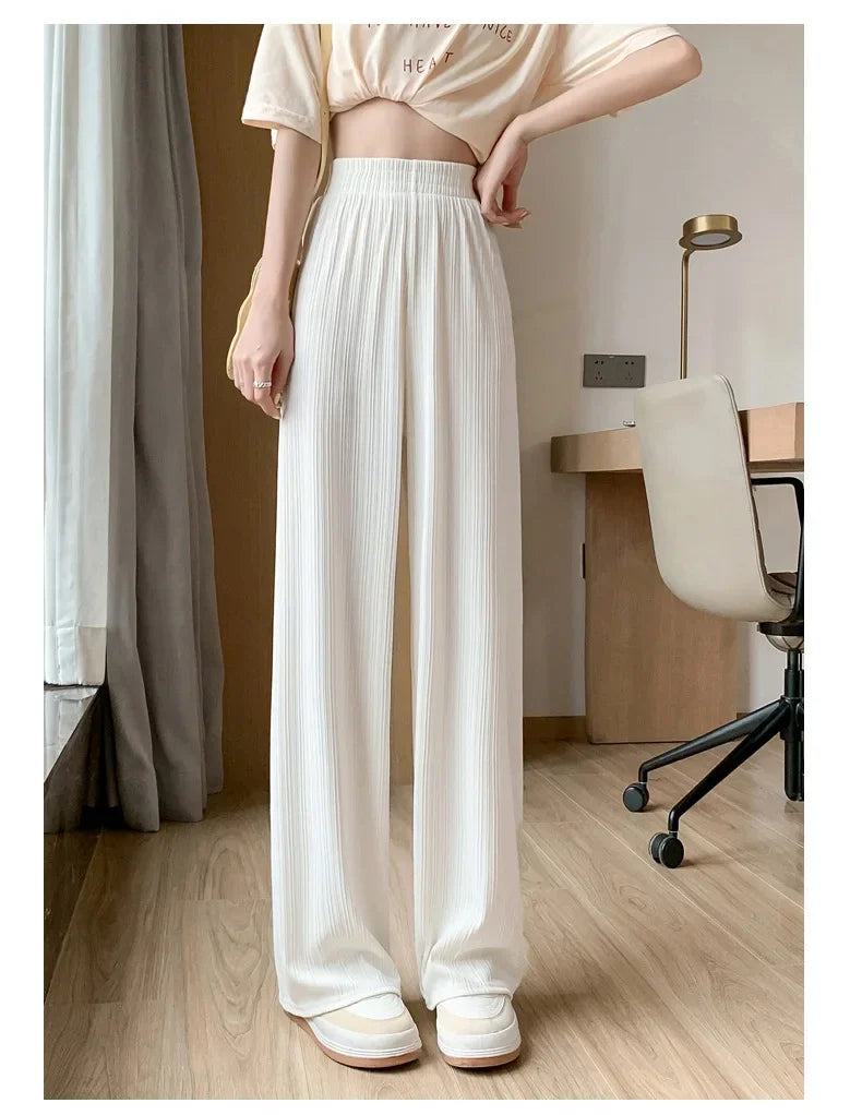 Korea Dongdaemun Ice Silk Wide-leg Pants Women's Thin Slimming Floor Pants White Striped Pants Y2K Fashion Pants Baggy (Available)