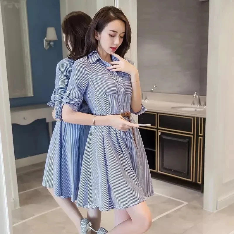 Women Korean Summer Attire Seven Quarter Sleeved Shirt Skirt Female New Fashion Blue White Striped Slim Dress Fit Shirt Skirt