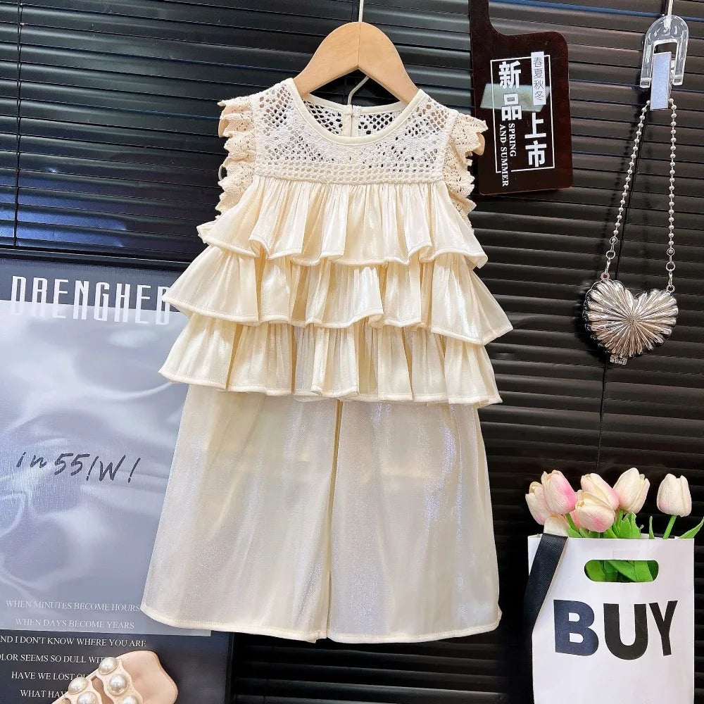 Bear Leader Summer Korean Version Girl Suits Flying Sleeve Round Neck Doll Shirt + wide Leg Pants 2-Pcs Set Kids Clothing