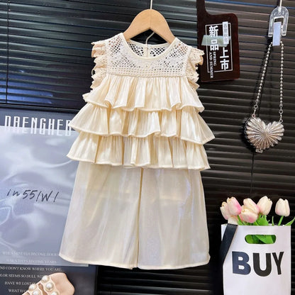 Bear Leader Summer Korean Version Girl Suits Flying Sleeve Round Neck Doll Shirt + wide Leg Pants 2-Pcs Set Kids Clothing