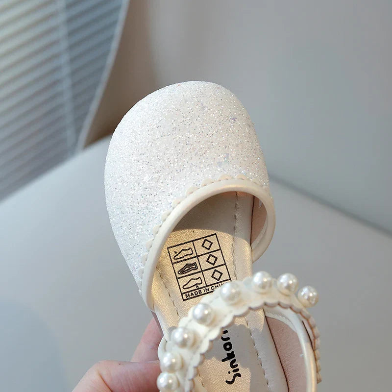 Girl's Princess Shoes Pearl Round Toe Glitter Sweet Kid's Flat Shoe Solid Colors Anti-slip Cute Party Daily Children Shoe