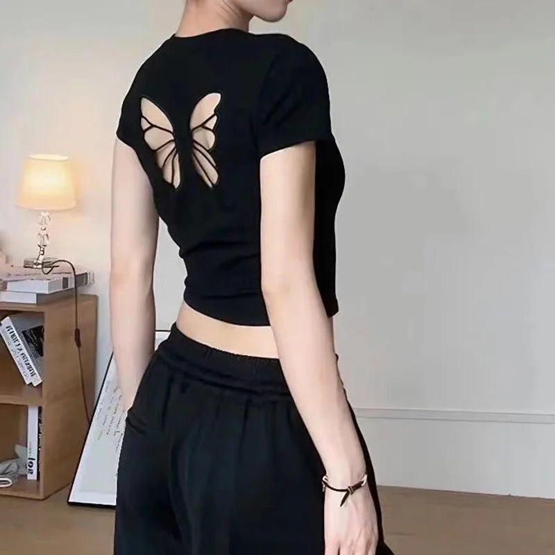 Fashion Women T-shirt Short Sleeve O Neck Solid Slim Fit Ladies Crop Top Butterfly Hollow Backless for Casual Tops Summer 2024