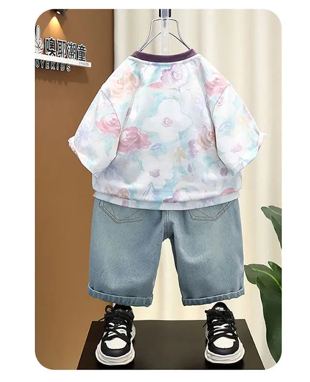 New Children's Printed Thin T-shirt+ hole Denim Shorts Teenager Boys Summer Fashion outfits