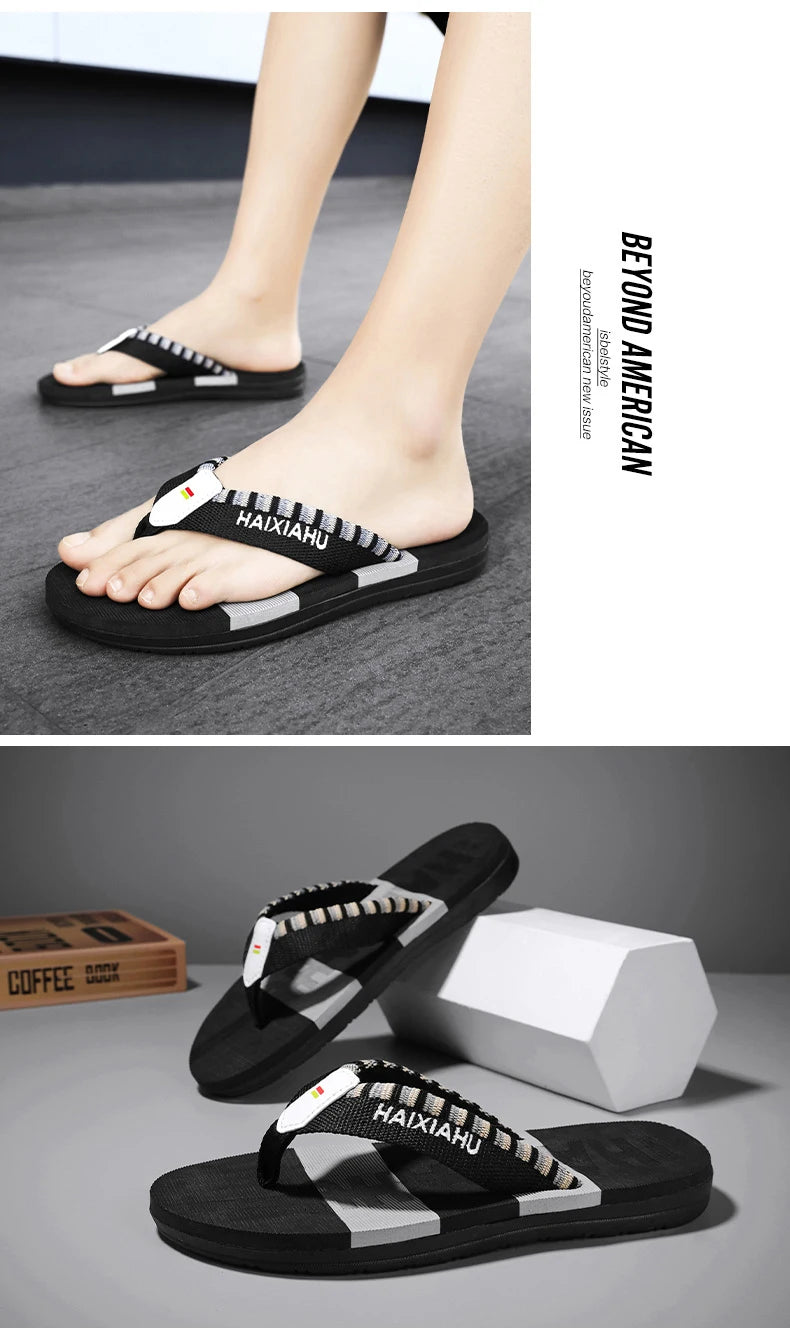 Men Slides Cloth Tape Woven Color Matching Stripe Wear-resistant Slippers Size 39-45