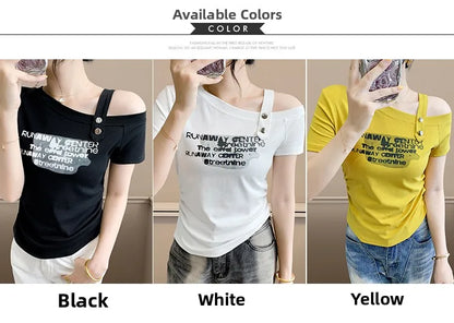 Sexy oulder Bared T irt Women's ort Sve Asymmetrical Collar Faionable Slimming Top Korean Sle Cotton Blend Summe...