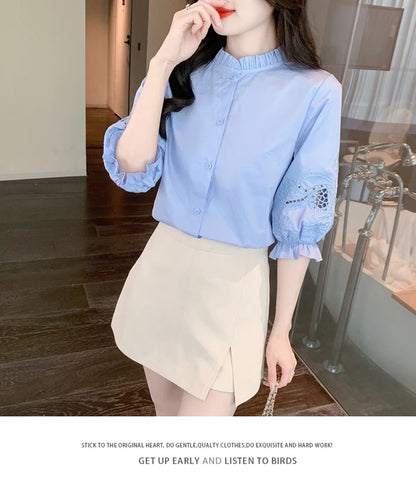 Ele Embroidered ort Sve irt Women's Summer New Design Korean Sle Commute Lantern Sve White irt for Ladies