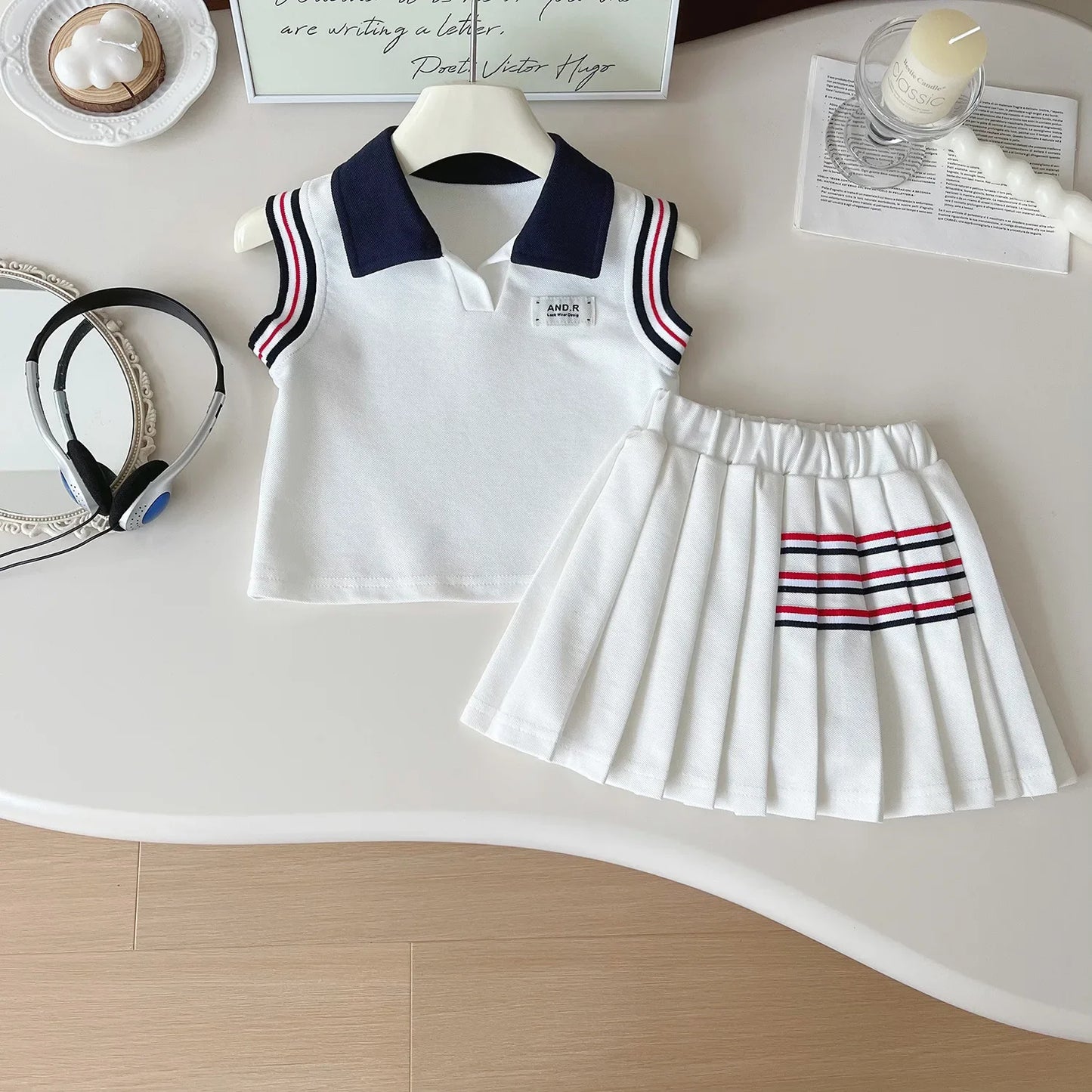 Baby Girl College Style Summer 2PCS Clothes Set Polo Collar Kid Girl Vest Top Set Thin Stylish Stripe Pleated Skirt Belle Outfit