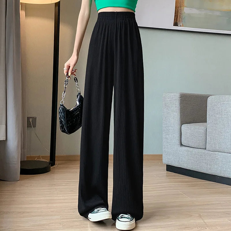 Korea Dongdaemun Ice Silk Wide-leg Pants Women's Thin Slimming Floor Pants White Striped Pants Y2K Fashion Pants Baggy (Available)