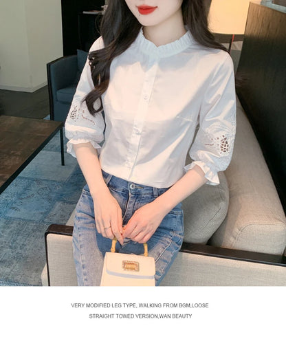 Ele Embroidered ort Sve irt Women's Summer New Design Korean Sle Commute Lantern Sve White irt for Ladies