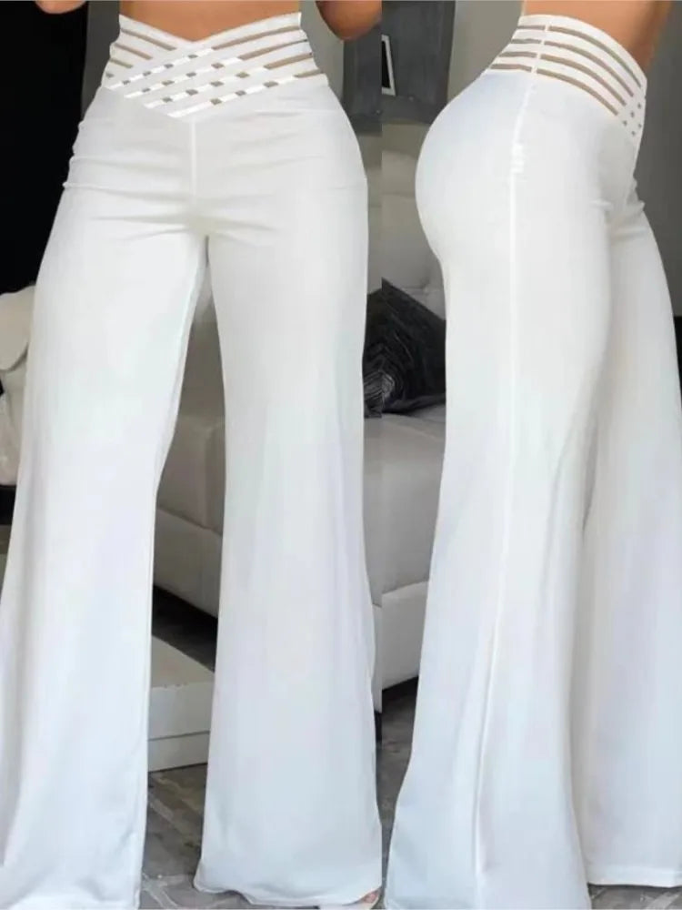 Women Wide Leg Flared Pants  Spring Casual Crisscross Sheer Mesh Patch High Waist Trousers Y2k Streetwear Elegant Work Pant (Available)