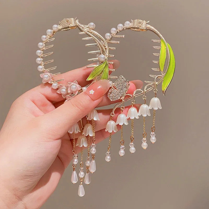 Ladies Butterfly Rhinestone Pearl Metal Hair Claw Round Bun Ponytail Holder (Available)
