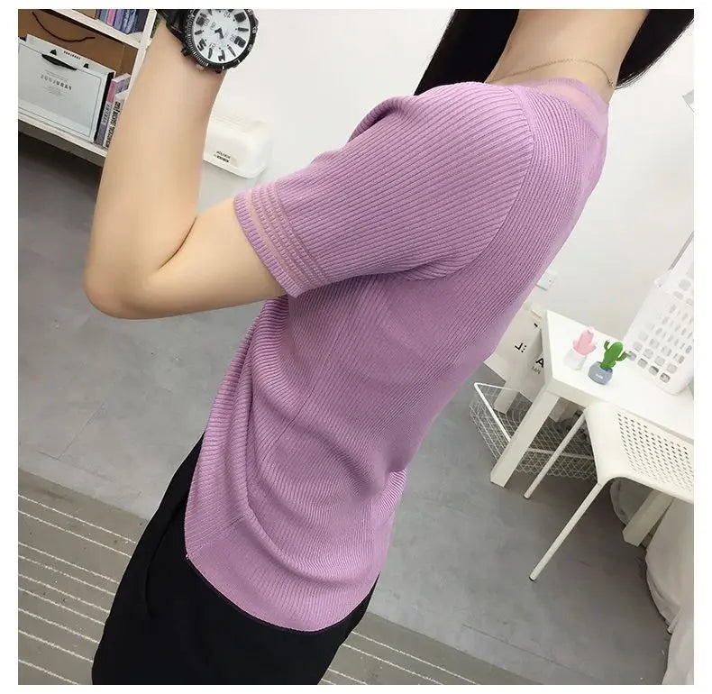 Ice Silk Short Sleeve T-shirt for Women in Summer New Thin V Neck Drawstring Solid Color Casual Tops Fashion Office Clothing