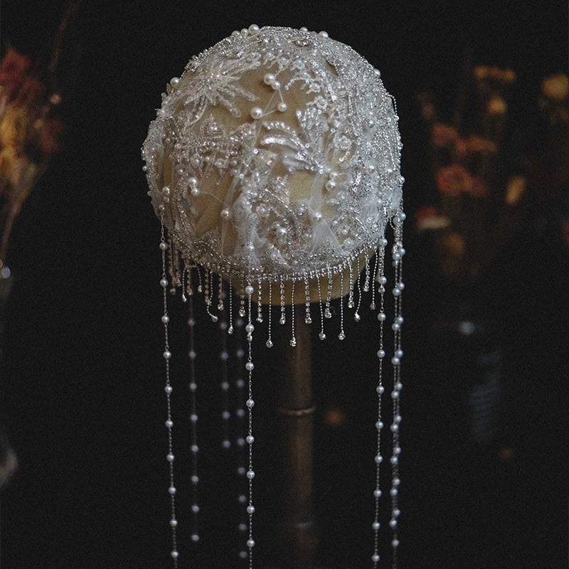 Fashion Exquisite Rhinestone Beaded Fringed Hat Yarn Bridal Wedding Personalized Retro Dress Wedding Photo Styling Jewelry