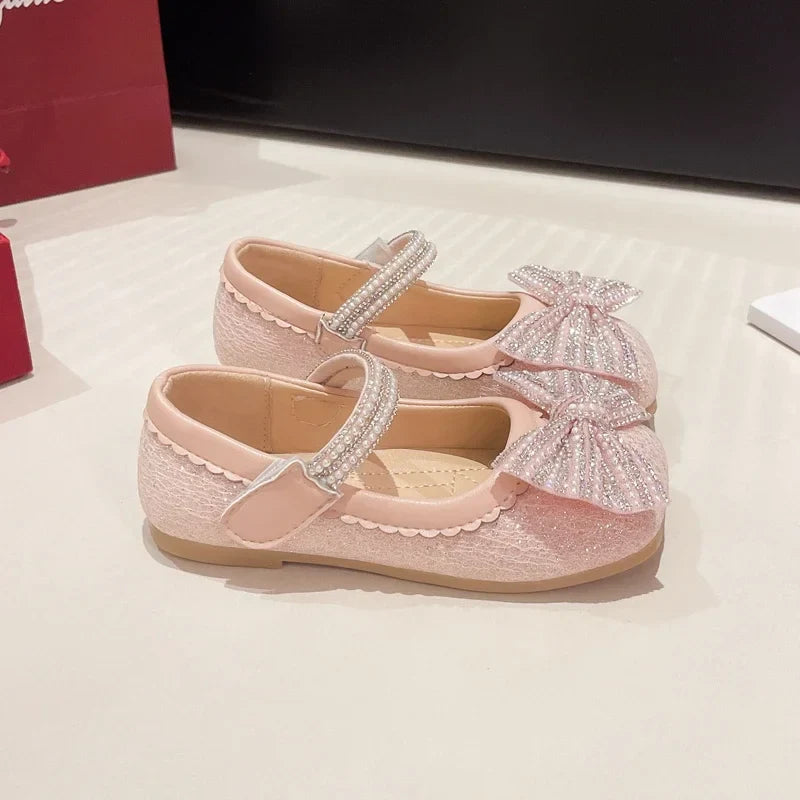 Children's Leather Shoes Bling Sequins Bowknot Princess Shoes for Girls Sweet Chic Kids Causal Wedding Shallow Versatile