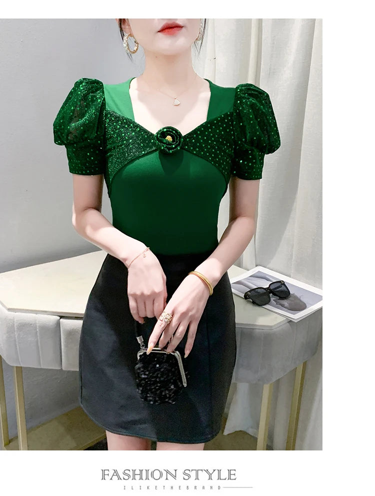 Women's Chic Youthful Square Neck Puff Sleeve T-Shirt Shimmery Floral Summer Blouse  Slim Fit Trendy Top