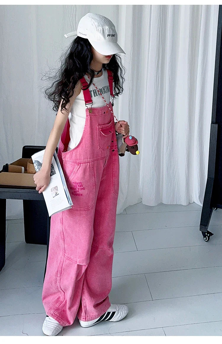 Luxury Kids Pink Denim Dungarees Bib Jeans for Teens Girl Casual Suspender Jumpsuit Child Fashion Jeans Overalls