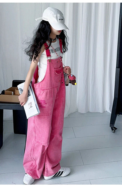 Luxury Kids Pink Denim Dungarees Bib Jeans for Teens Girl Casual Suspender Jumpsuit Child Fashion Jeans Overalls