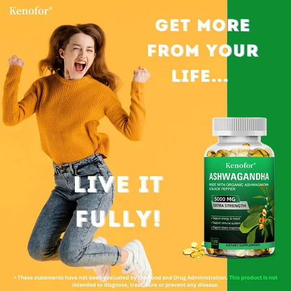 Ashwagandha Supplement 4800 Mg, Natural Adaptogen, Brain and Memory Enhancer, Improved Mood, Sleep and Energy, 120 Capsules