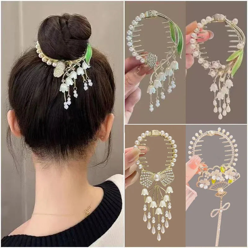 Ladies Butterfly Rhinestone Pearl Metal Hair Claw Round Bun Ponytail Holder (Available)
