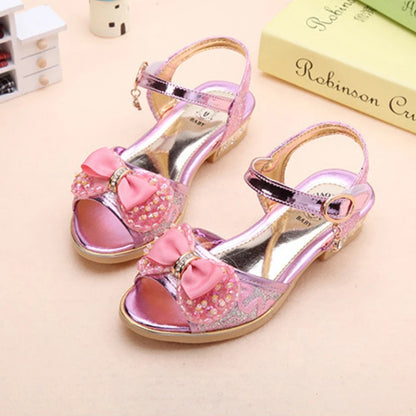 Summer Princess Children's Sandals Girls Sequins Low Heels Non-slip Shoes Fashion Bowknot Kids Beach Sandals Causal Versatile