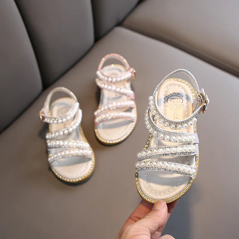 Summer Children's Sandals Korean Style Open-toe Kids Girls Causal Rhinestone Pearl Flats Sandals Fashion Princess Dress Shoes