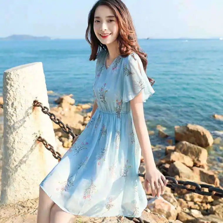 Sweet V-Neck Printing Shirring Bow Chiffon Floral Dress Female Clothing Summer New Loose Butterfly Sleeve Princess Dress