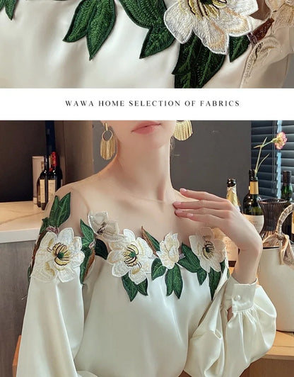 Embroidered Heavy Work Satin Patchwork irt Women's Sle Spring New Arrival Long Sve round Ne Fly Sve Lace Top