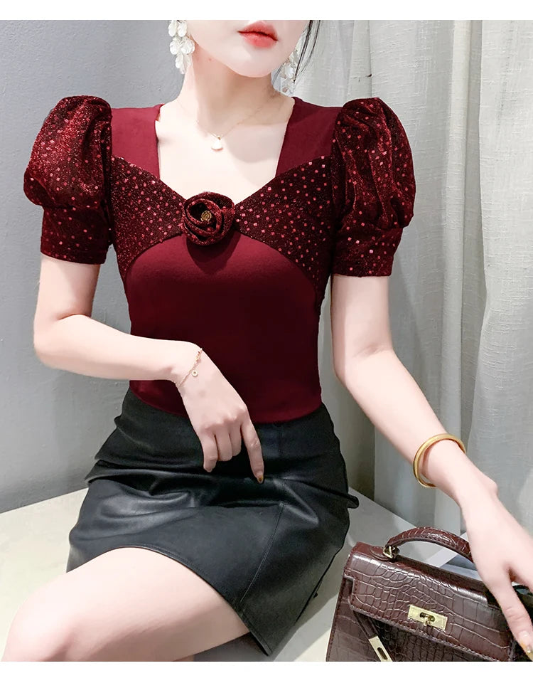 Women's Chic Youthful Square Neck Puff Sleeve T-Shirt Shimmery Floral Summer Blouse  Slim Fit Trendy Top