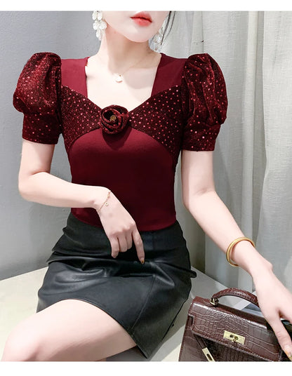 Women's Chic Youthful Square Neck Puff Sleeve T-Shirt Shimmery Floral Summer Blouse  Slim Fit Trendy Top