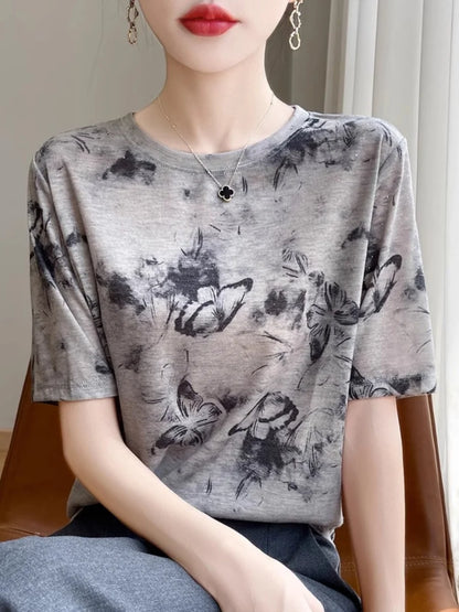 Retro Tie Dye Print Silk Wool ort Sve T irt Women Summer Loose Slimming Thin  Silk f Sve Top