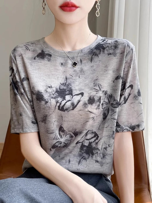 Retro Tie Dye Print Silk Wool ort Sve T irt Women Summer Loose Slimming Thin  Silk f Sve Top