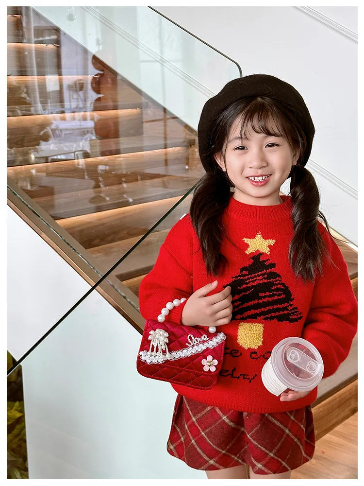 Sweet Bow Children's Small Square Shoulder Bag Sequin Lace Princess Girls Crossbody Bags Pearl Handle Coin Purse Handbags Gifts