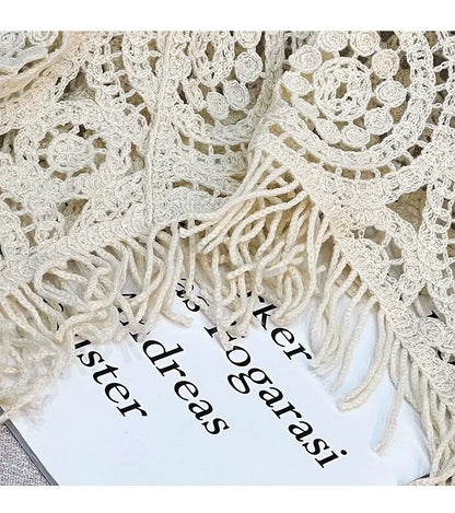 Women Tassel Hook Flower Hollow Out Short Knitting Retro Ethnic Style Round Neck Knitted Female Fashion Loose Top Spring Summer