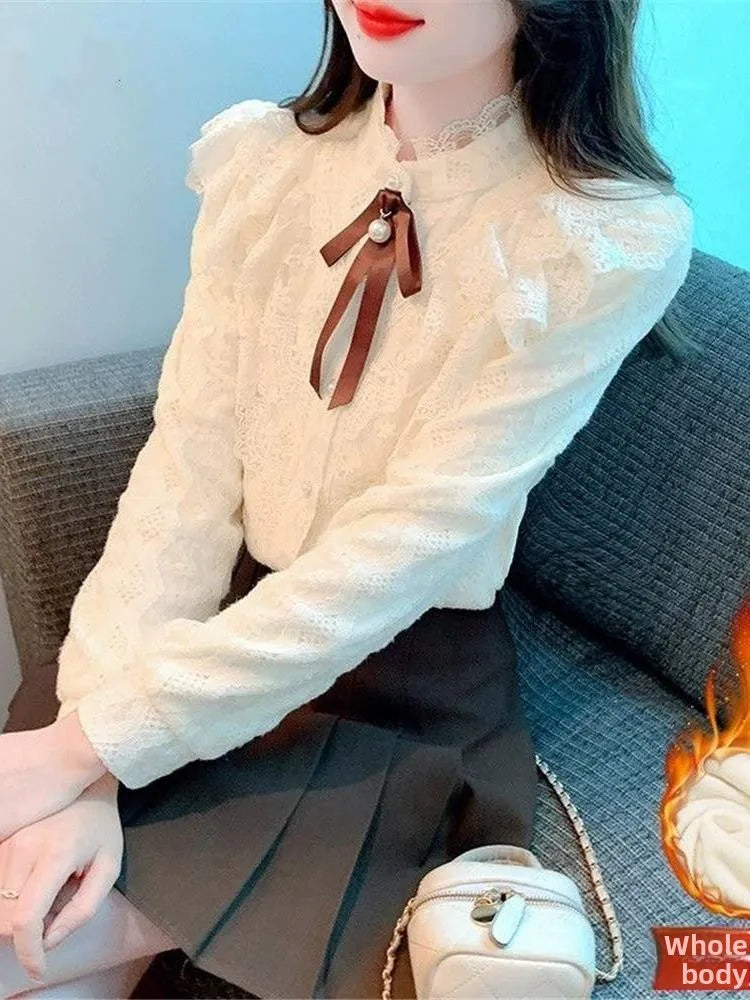 Women's Fce Lined Lace Blouse Thiened Autumn Winter Faion Inner Wear  Knot irt Stand Collar Regular Fit