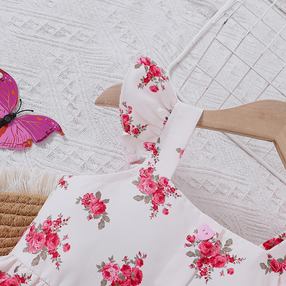 Girls' spring and summer new style sweet floral dress with flying sleeves