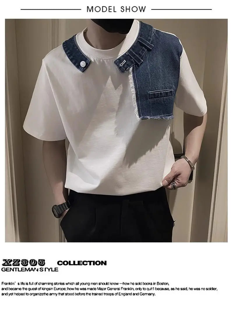 Men Trendy Vintage Denim Patchwork Design Tees Summer Short Sleeve Luxury Chic T Shirt Casual Round Neck Loose Tops Ropa Hombre  ( Available )