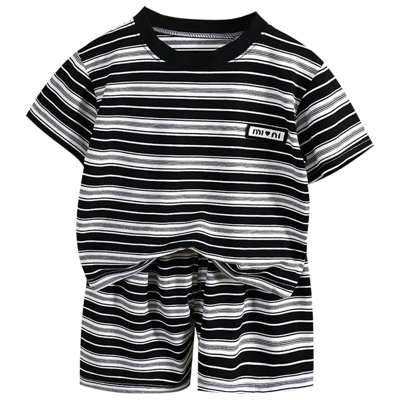 Children's short-sleeve stripe set, boys' black and white striped summer clothes, boy baby outwear short-sleeve shirt + shorts 2 (Available)