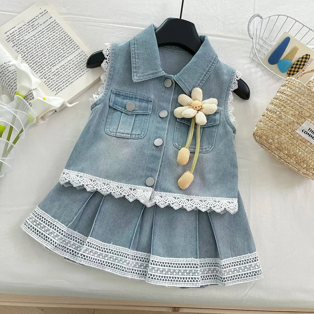 New Baby Girl Summer Denim Set, Children's Lace Splicing Top and Skirt Set