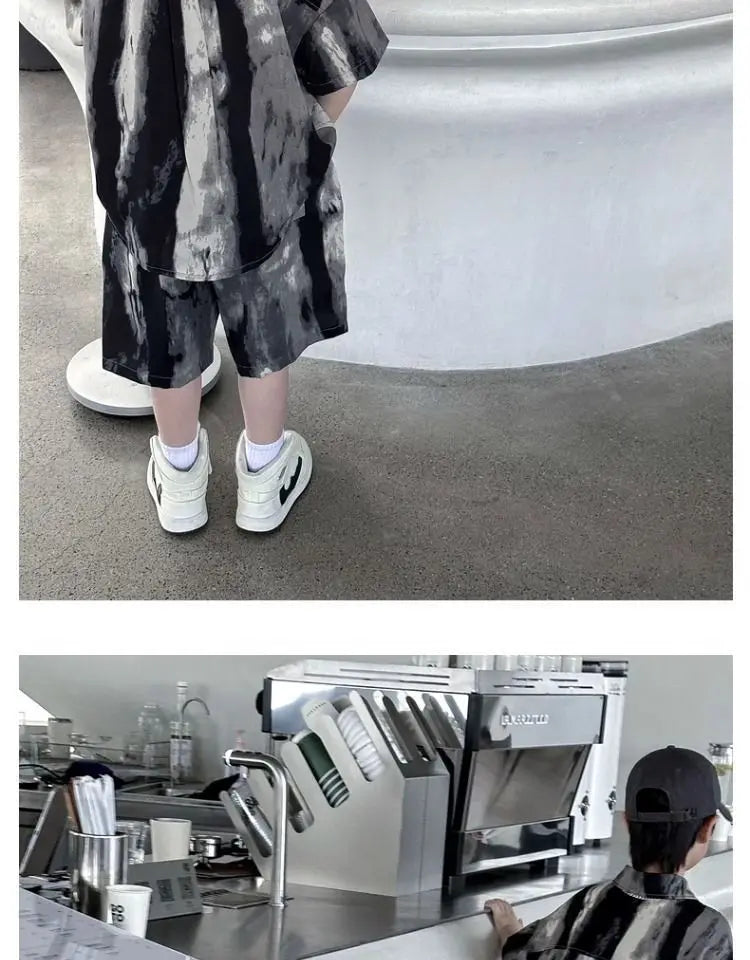 Boys Fashion Summer Tye-die Short Sleeve Shirts+Pants 2pcs Suits Years Kids Trend Streetwear Oufits Sets Children Clothing