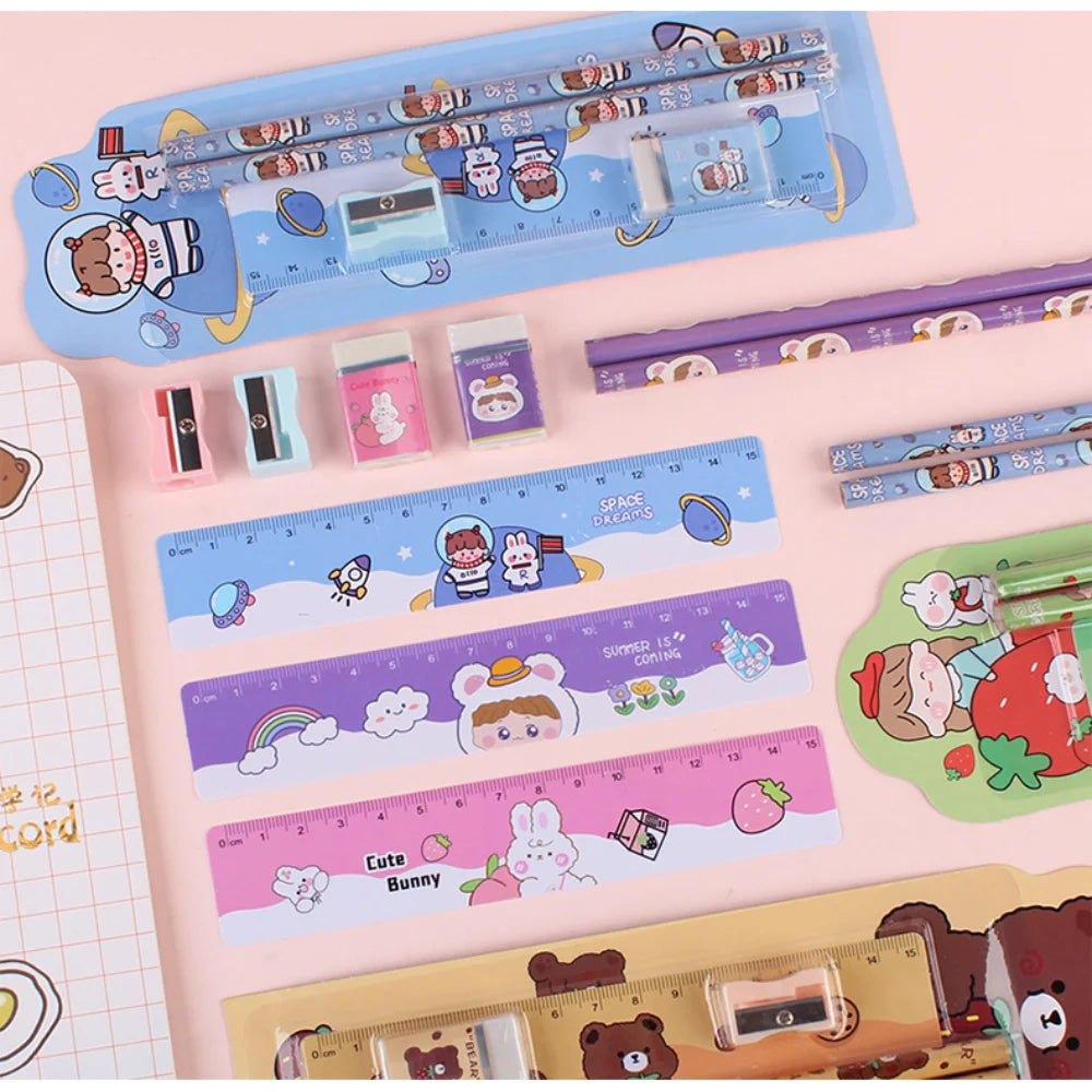5Pcs Cute Cartoon Stationery Set Pencil Ruler Eraser Pencil Sharpener Kawaii Children School Scrapbook Supplies Set For Gifts